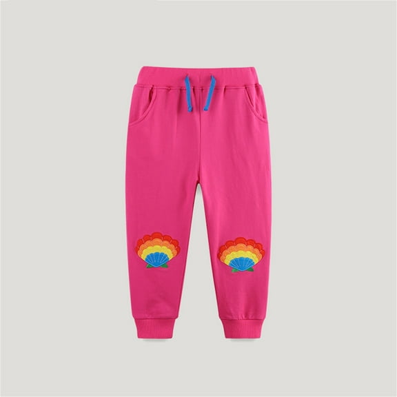qolati Baby Boys Girls Sweatpants Cotton Toddler Joggers Pants Cute Embroider Printed Elastic Waist Drawstring Athletic Pants with Pockets Hot Pink 5 Years