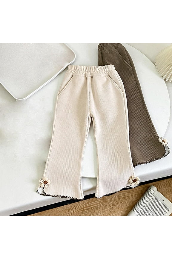 Baby Girl Pants Toddler Girls Elastic Waist Flare Pants Newborn Bell Bottoms Ruffled Athletic Wide Leg Pants Beige 3 Months
