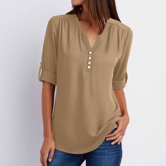 qolati Blouses for Women Dressy Casual V Neck 3/4 Sleeve Button Work Shirts 2024 Fall Loose Curved Hem Business Tunic Tops