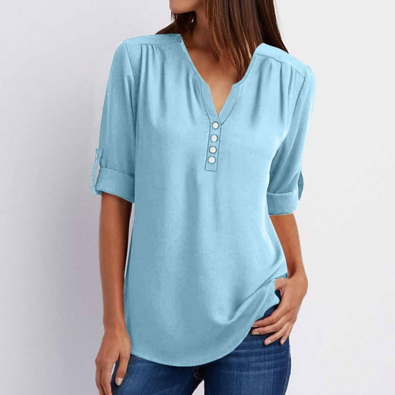 qolati Blouses for Women Dressy Casual V Neck 3/4 Sleeve Button Work Shirts 2024 Fall Loose Curved Hem Business Tunic Tops