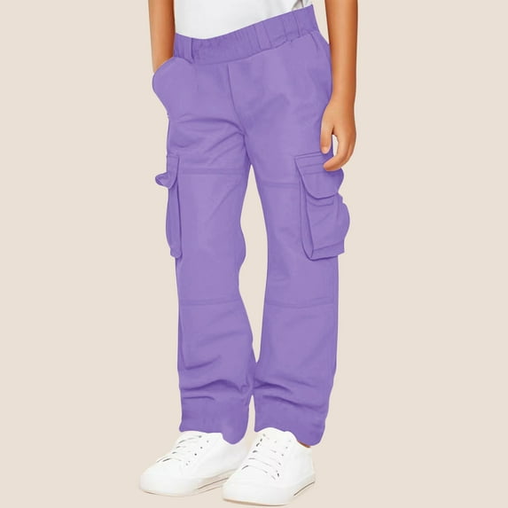 qolati Boys Girls Baggy Cargo Pants Y2k Trendy High Waist Athletic Pants Joggers Wide Leg Trousers Hiking Pants with Pockets Purple 9 Years