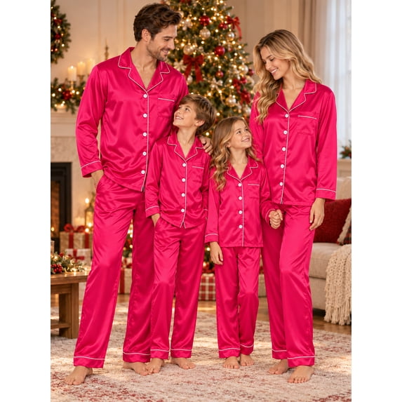 qolati Christmas Pajamas for Family Silk Satin Long SleeveButton Down Pjs Set Festival Party Sleepwear Family Christmas Pajamas Matching Sets