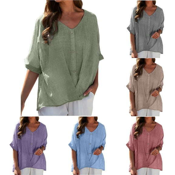 qolati Cotton Linen Tops for Women Oversized 3/4 Sleeve V Neck Button Down Blouses Summer Basic Solid Color Tunic Shirts