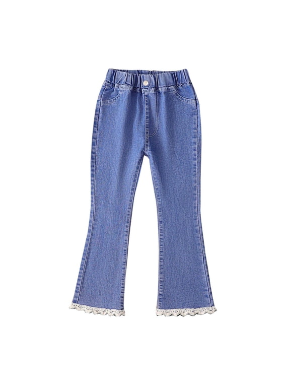 Girl's Flare Leg Jeans Elastic Waist Ripped Raws Hem Elastic Waist Baggy Boot-Cut Pants Solid Casual Denim Pants 3-14 Years
