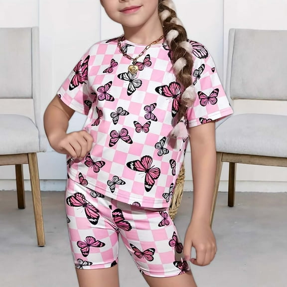 qolati Girls Clothes Summer 2 Piece Outfits Cute Graphic Drop Shoulder T-Shirts and Biker Shorts Pajamas Sets Kids Pjs Fashion Clothing Sets Pink 7 Years