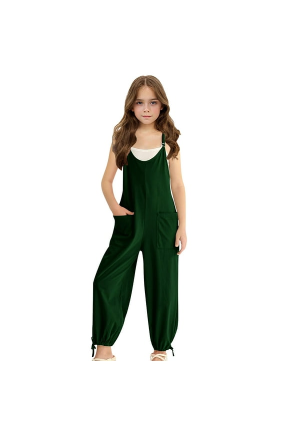 Girls Jumpsuits Sleeveless Adjustable Spaghetti Strap Spaghetti Strap Long Overalls Pants Drawstring Cuffs Romper with Pockets Green 5 Years
