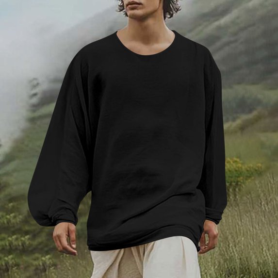 qolati Long Sleeve Shirts for Men Crewneck Puff Sleeve Casual Shirts Cotton Linen Solid Color Blouse Loose Spring Summer Vacation Beach Tops