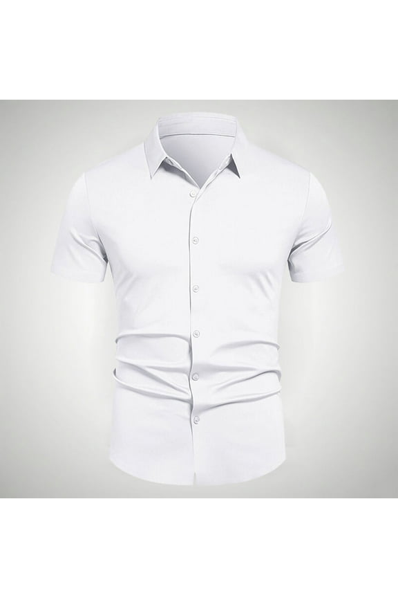 Men's Dress Shirt Stretch Soft Slim Fit Shirts Short Sleeve Formal Wedding Business Casual Button Down Shirt