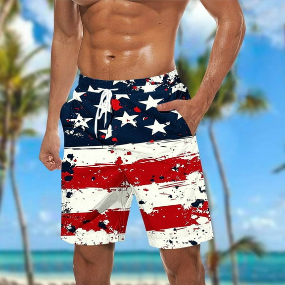 qolati Mens Swim Trunks American Flag Bathing Suit 5 Inch Elastic Waisted Quick Dry Beach Board Shorts 4th of July Swimwear with Pockets