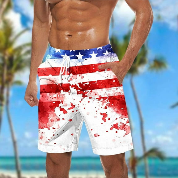 qolati Mens Swim Trunks American Flag Bathing Suit 5 Inch Elastic Waisted Quick Dry Beach Board Shorts 4th of July Swimwear with Pockets
