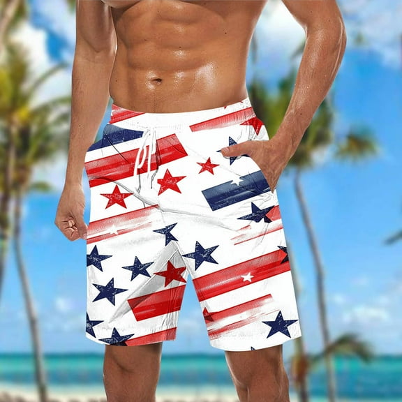 qolati Mens Swim Trunks American Flag Bathing Suit 5 Inch Elastic Waisted Quick Dry Beach Board Shorts 4th of July Swimwear with Pockets