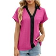 thumbnail image 1 of qolati Short Sleeve Womens Tops Summer Loose V Neck Henleys T-Shirts Dressy Casual Patchwork Tunic Eyelet Blouses, 1 of 3