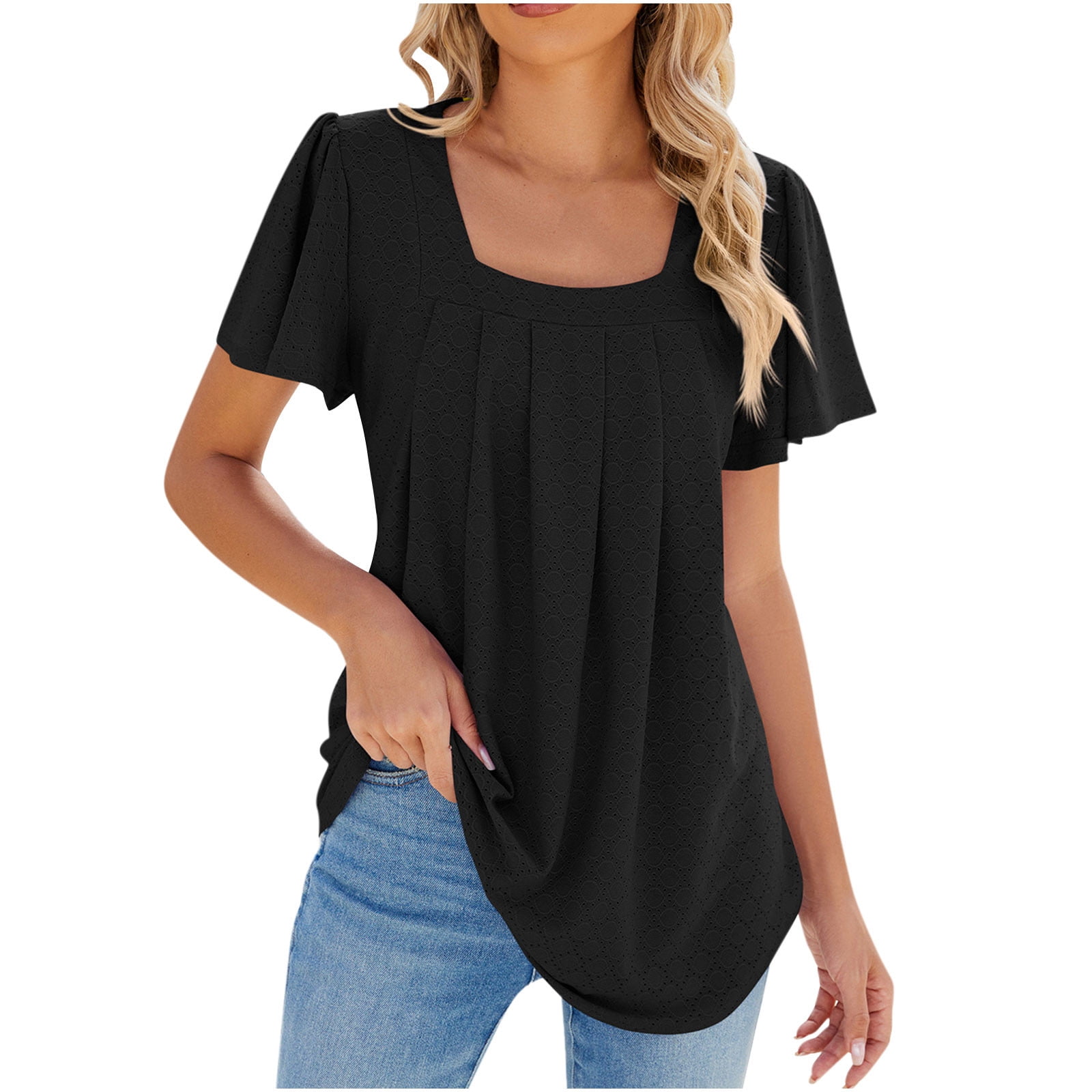 Women's Short Sleeve Pleated Front Blouse with Ruffle Sleeves