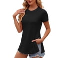 thumbnail image 1 of qolati Women's Tops 2024 Summer Short Sleeve Crew Neck Eyelet Tshirts Dressy Casual Slit Hem Going Out Blouse, 1 of 4