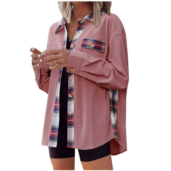 qolati Womens 2024 Corduroy Shacket Color Block Waffle Knitted Boyfriend Shirt Jacket Casual Long Sleeve Button Down Shirts Coat