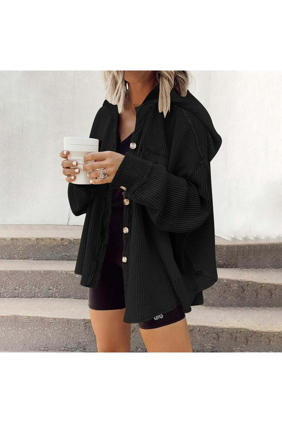 Womens 2024 Corduroy Shacket Color Block Waffle Knitted Boyfriend Shirt Jacket Casual Long Sleeve Button Down Shirts Coat