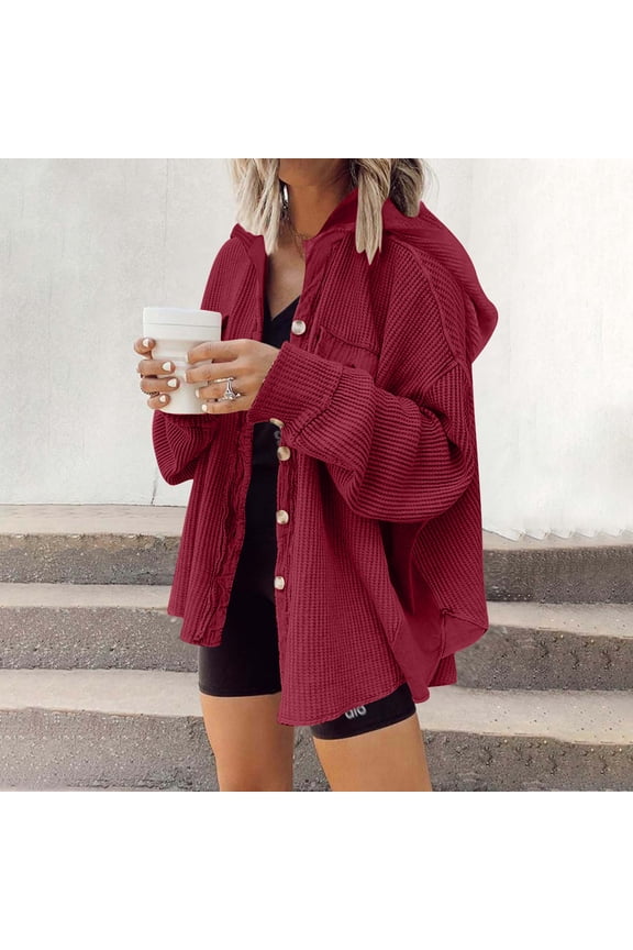 Womens 2024 Corduroy Shacket Color Block Waffle Knitted Boyfriend Shirt Jacket Casual Long Sleeve Button Down Shirts Coat