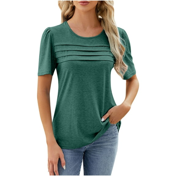 qolati Womens Summer Tops 2024 Short Sleeve Crew Neck Shirts Casual Loose Puff Sleeve Ruched Front Dressy Blouses