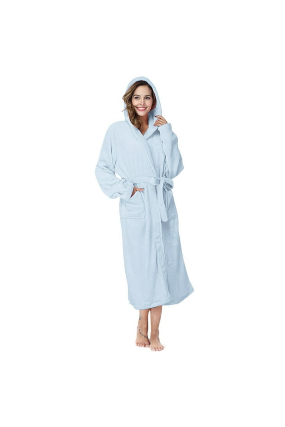 Clearance! robes for women terry cloth robes for women Women Hooded Bathrobe Lightweight Soft Plush Long Flannel Sleepwear Hooded Bathrobe Plush Long Warm Robe With Belt Big sales Blue