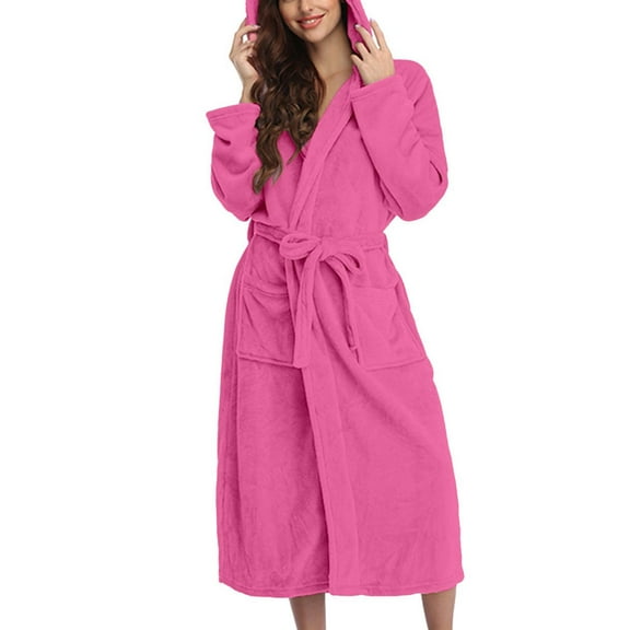 Clearance! robes for women terry cloth robes for women Women Hooded Fleece Bathrobe Lightweight Soft Plush Long Flannel Sleepwear Fleece Hooded Bathrobe Plush Long Warm Robe Big sales Hot Pink
