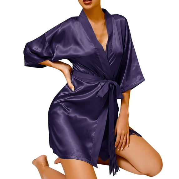 Clearance! robes for women terry cloth robes for women Women's Black Silk Like Mid Sleeve Nightdress Summer Short Cardigan Tie Tassel Thin Sexy Bathrobe Pajamas Big sales Blue