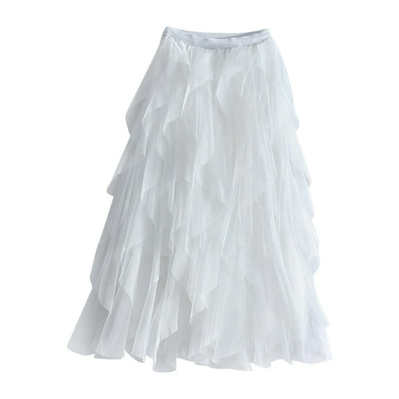 Beshee Midi Skirt Irregular Mesh Half Length Skirt Women's Multilayer Cake Skirt Poached Long Skirts for Women White M