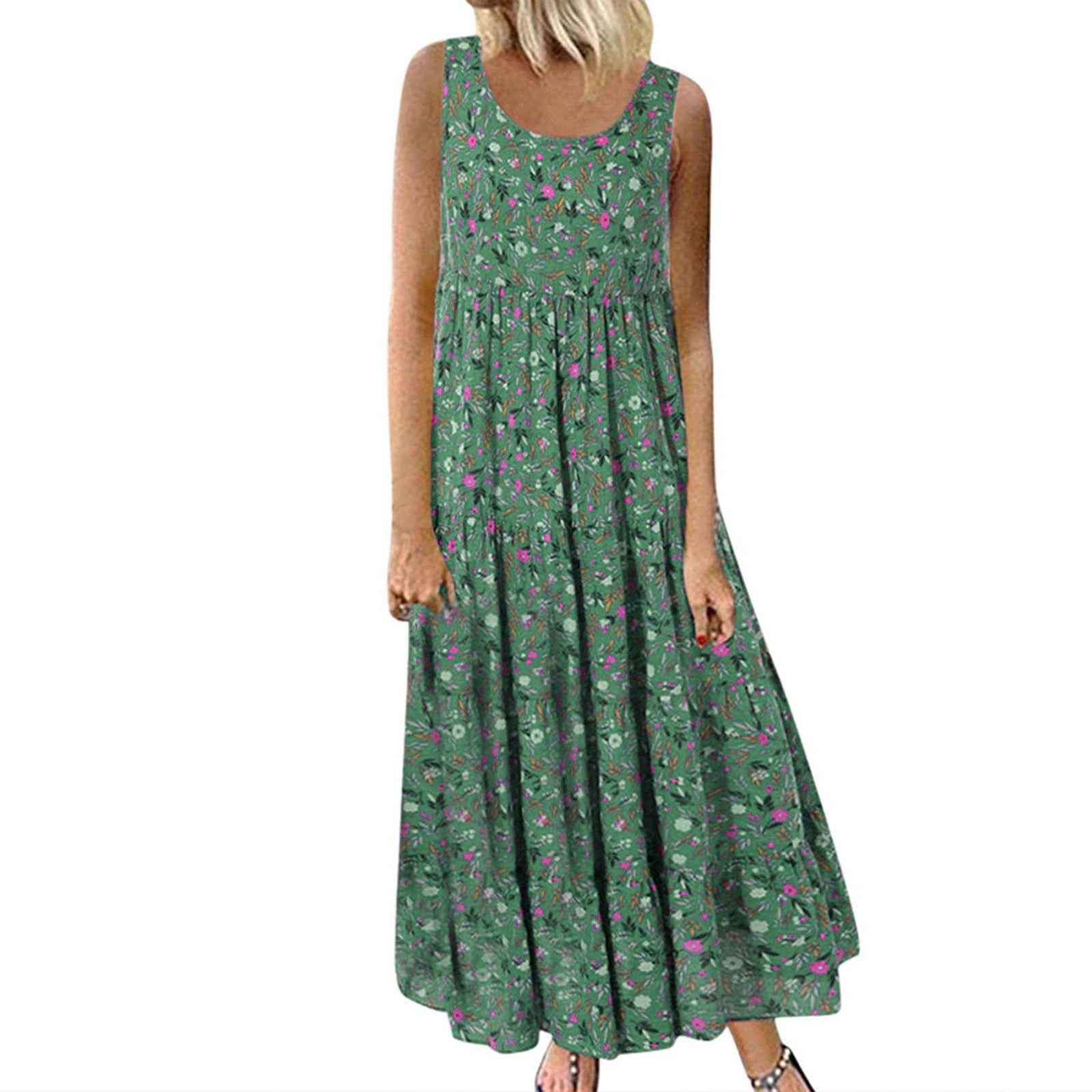 Clearance sale! Beshee Spring Summer Dresses for Women 2024 Women Casual Loose Floral Dresses with Pockets Sleeveless Summer Beach Swing Dress Sundresses for Women, Womens Dresses Green L