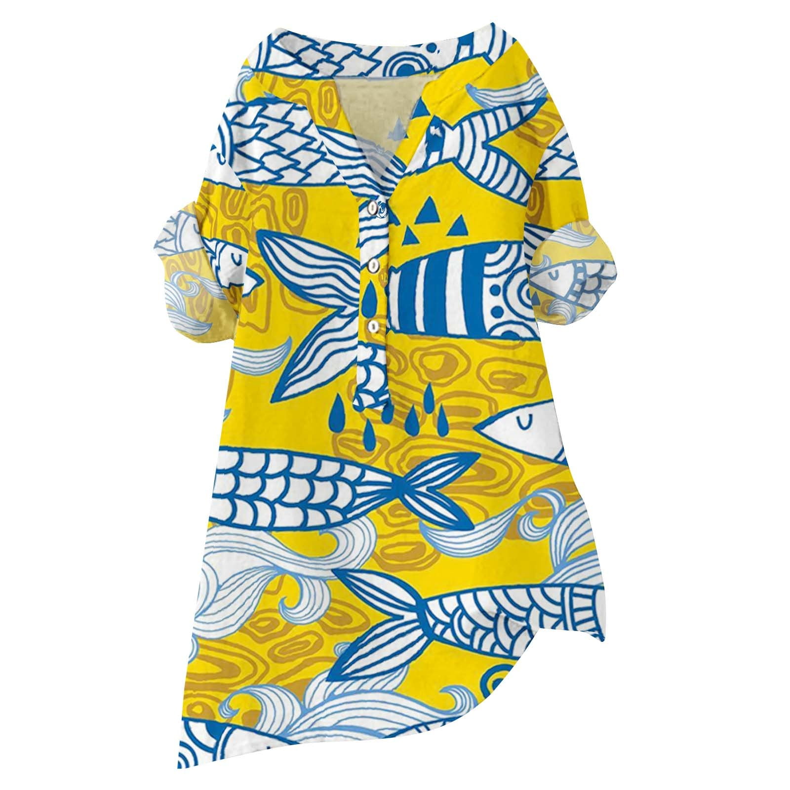 Clearance sale! Lofdl Linen T Shirt For Women's Vintage Fish Art Print