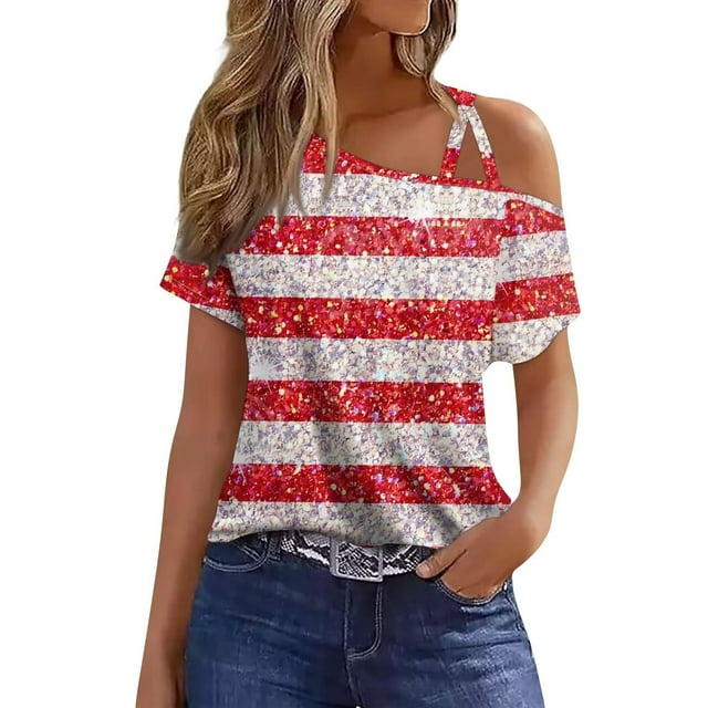Clearance sale! Lofdl Patriotic Shirts For Women Sexy Cold Shoulder 4th