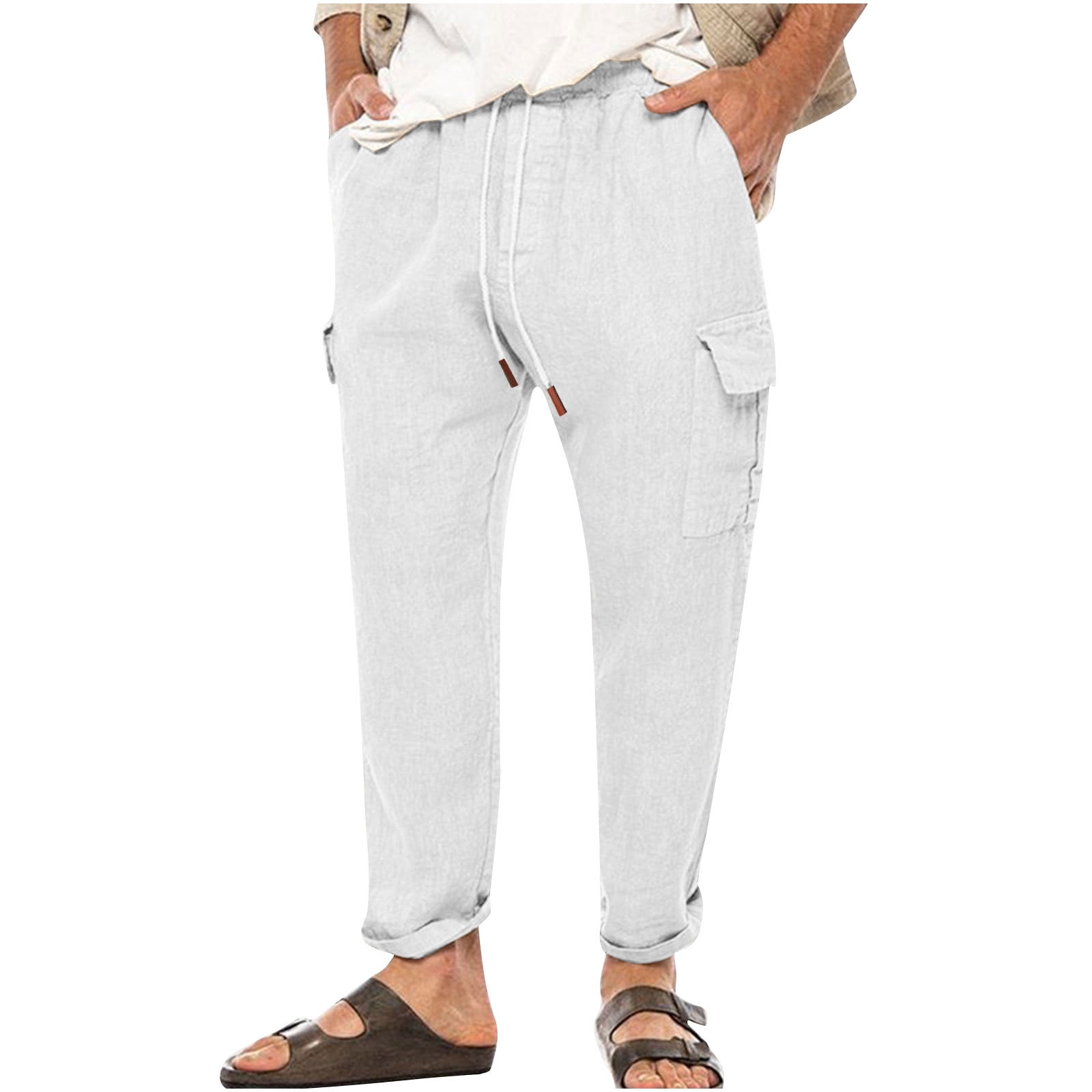 Men's Casual Loose Straight Trousers Drawstring Linen Tang Suit Pants Beach