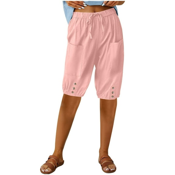 Clearance! sweatpants women Casual pants for women Capris Knee Length Shorts Capri Pants High Waist Drawstring Beach Pants Button Loose Casual Capris Pants Shorts Big sales Pink