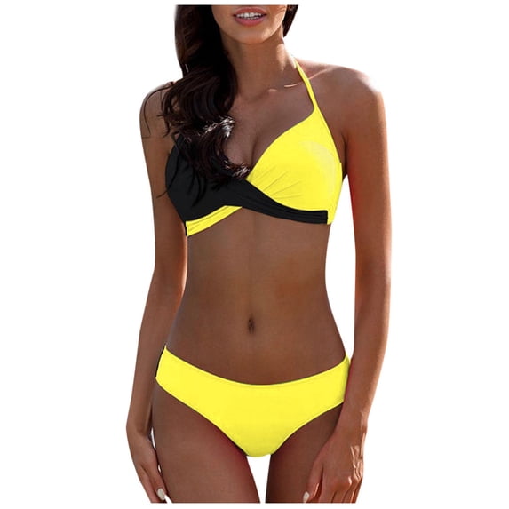 Cyber of Monday under 10.00 LYXSSBYX Bikinis for Women Plus Size Sexy Women Bikini Splicing Solid Two-Piece Swimwear Swimsuit Beachwear Set