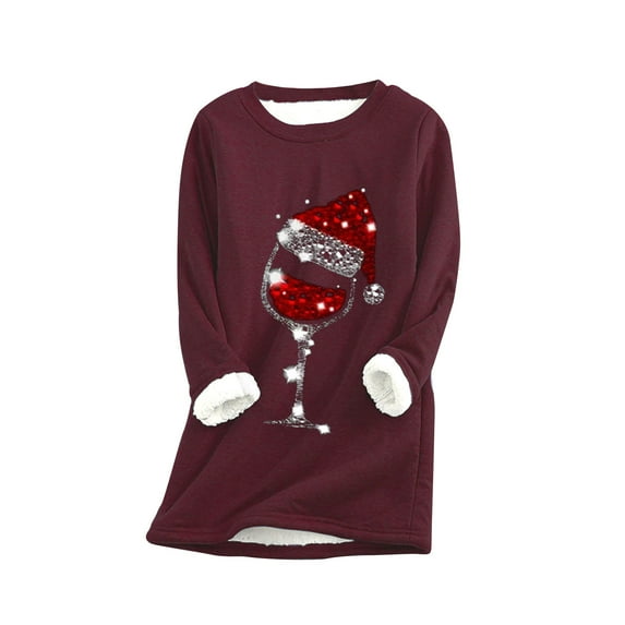 Clearance under 10.00 LYXSSBYX Clearance Long Sleeve Shirts for Women Thick Fleece Sweatshirt Christmas Print Velvet Warm O-Neck Underwear Top