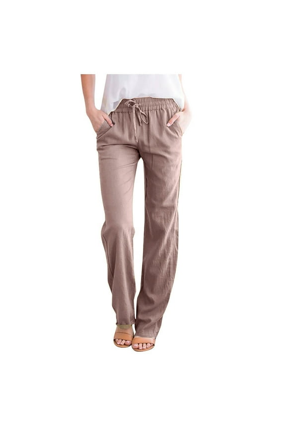 under 10.00 LYXSSBYX Line Pants Women Women Casual Cotton and Linen Solid Drawstring Elastic Waist Long Straight Pants