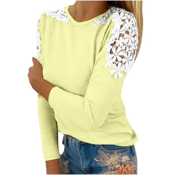LYXSSBYX Long Sleeve Shirts for Women Women's Summer Casual Long Sleeve Blouse Round Neck Lace Tops T-Shirt