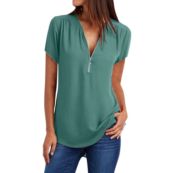 LYXSSBYX Plus Size Tops for Women Women's Summer Short Sleeve Zip Casual Tunic V-Neck Rollable Blouse Tops