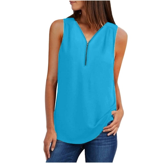 LYXSSBYX Plus Size Tops for Women Women's Summer Sleeveless Zip Casual Tunic V-Neck Rollable Blouse Tank Tops