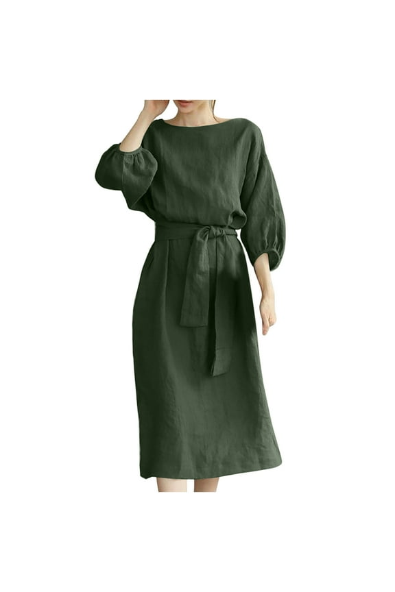 under 10.00 LYXSSBYX Plus Size Womens Dresses Women's Fashion Round Neck Loose Short Sleeve Solid Mid-Calf Dress Long Dress