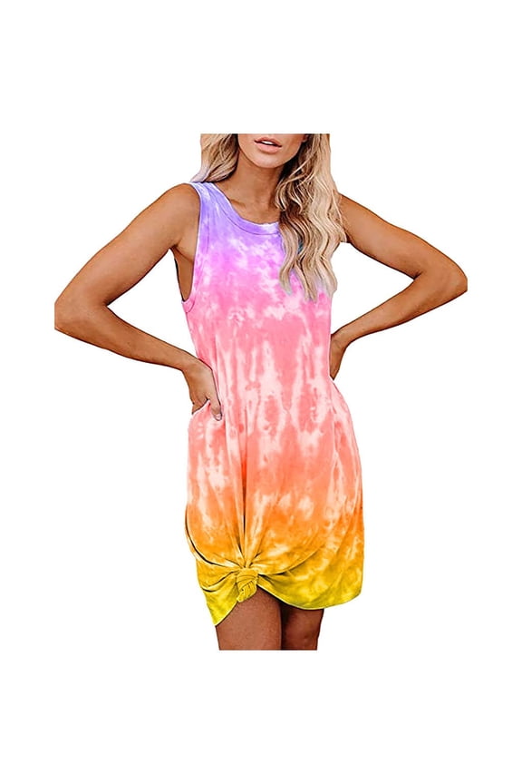 under 10.00 LYXSSBYX Summer Dresses for Women under 10.00 Women's Plus Size O-Neck Tie-Dye Print Sleeveless O-Collar Mini Dress