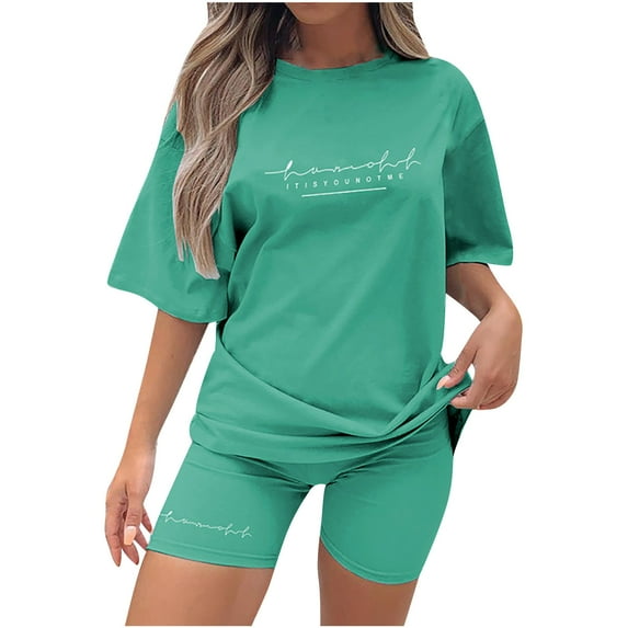 under 10.00 LYXSSBYX Womens 2 Piece Outfits for Summer Women Fashion Casual Summer Printing Short Sleeve Round Neck Top and Shorts Set