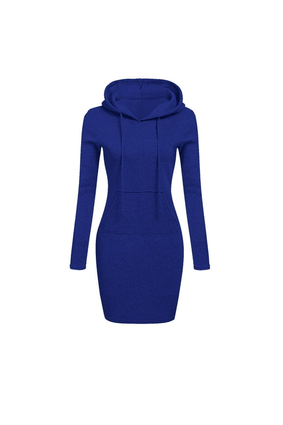 Womens Casual Dresses with Sleeves Womens Long Sleeve Solid Patchwork Round Neck Casual Long Hooded Sweatershirt Dress