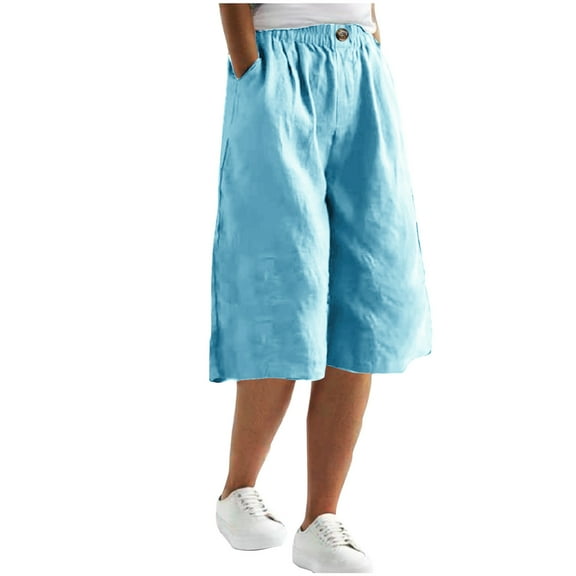 Capri Yoga Pants for Women Capris Pants Summer Elastic Waist Buttons Casual Linen Pockets Pants