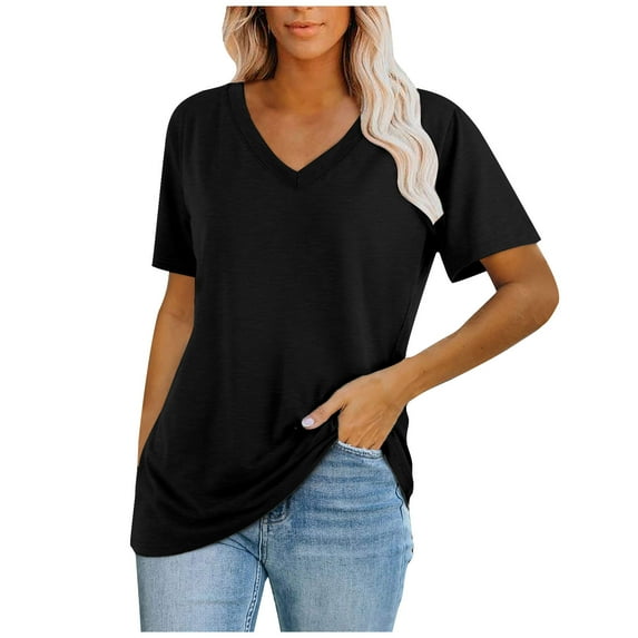 Clearance under $10 Charella Fashion Women's Summer V-Neck Solid Short Sleeve Casual Top Blouse Black,S