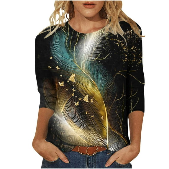 Clearance under $10 Charella Going Out Tops For Women Color Block Blouse Tee Mid-length 3/4 Sleeves Shirts Woman Casual Tops Sweatshirt Gold_A,S