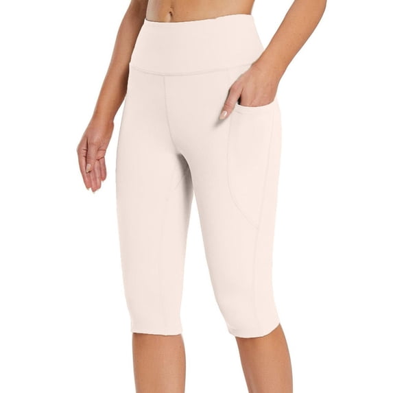 Charella Women Knee Length Leggings High Waisted Yoga Workout Exercise Shorts For Fashion Summer with Pockets Khaki,S