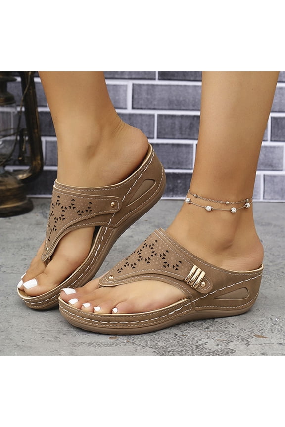 Womens Sandals Women's Fashion Casual Spring And Summer New Solid Thong Wedge Heel Flip Flops