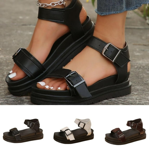 Sandals for Women, Women's New Big Size Solid Fish Mouth Thick Soled One-line Buckle Beach Sandals