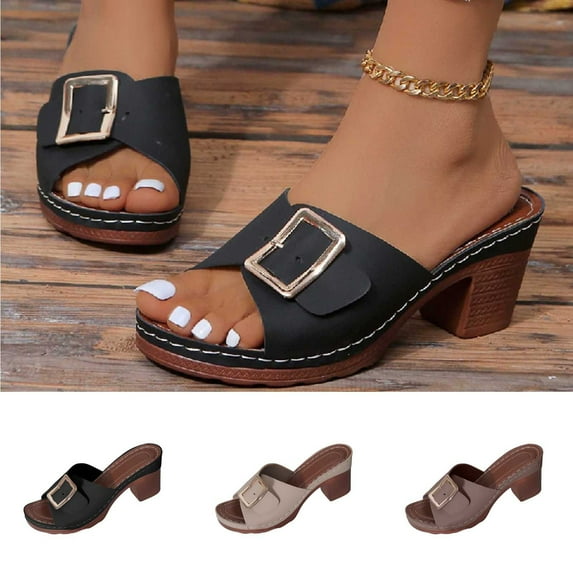 Sandals for Women Plus-size Foreign Trade Thick Heel Belt Buckle Round Toe High Heels Flip-flops