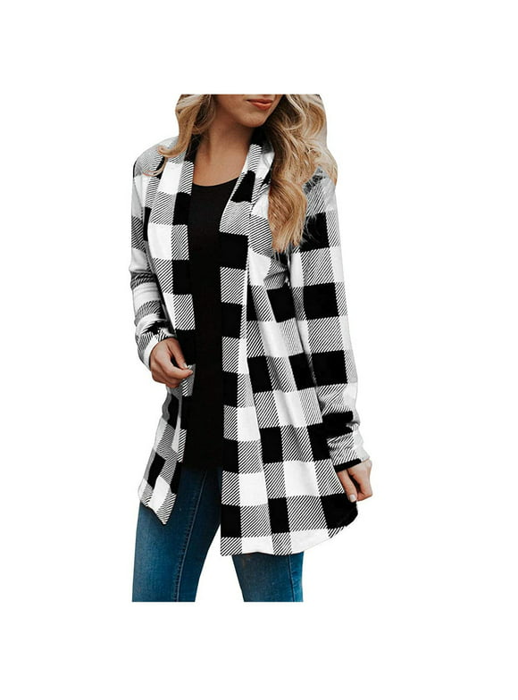 Clearance under $10 Coats For Women Plaid Printed Sweaters Shirt Long Sleeve Cardigan Outerwear Tops Trendy Long Outwear Tee,White,Small