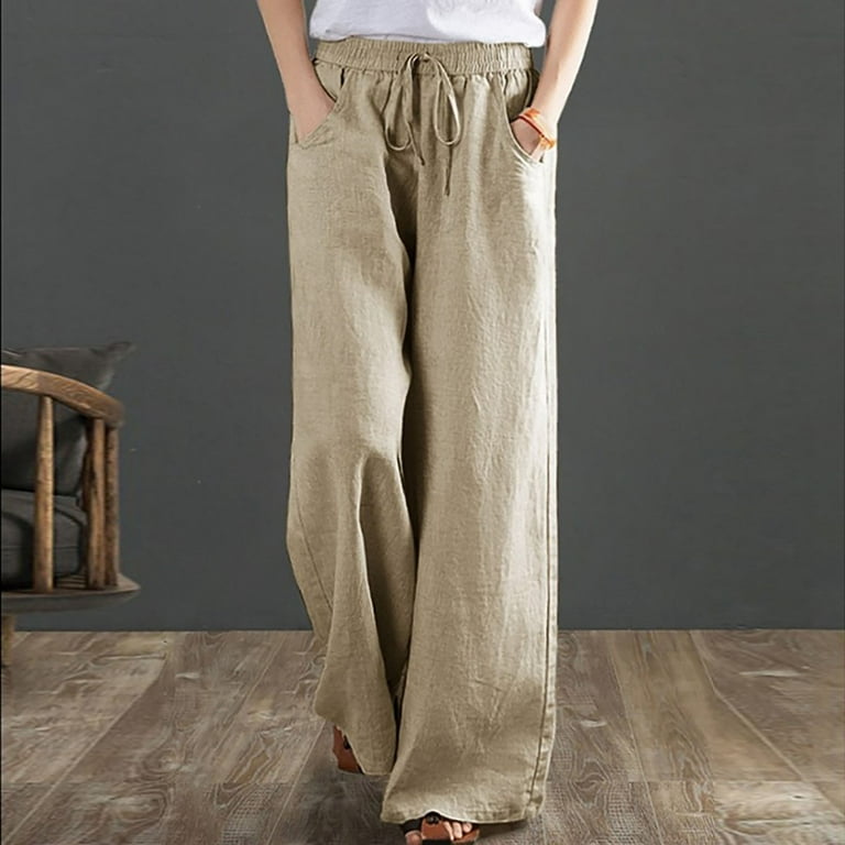 Clearance under $10 Cotonie Wide Leg Linen Pants for Women Summer Cotton  Linen Drawstring Trousers Loose Pants with Pockets